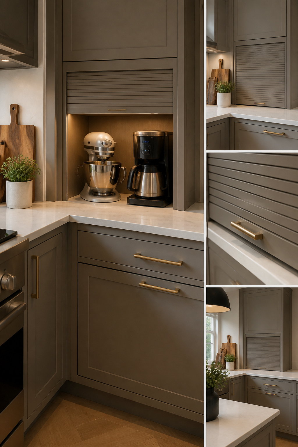 A corner appliance garage with a lift-up door and appliances inside.