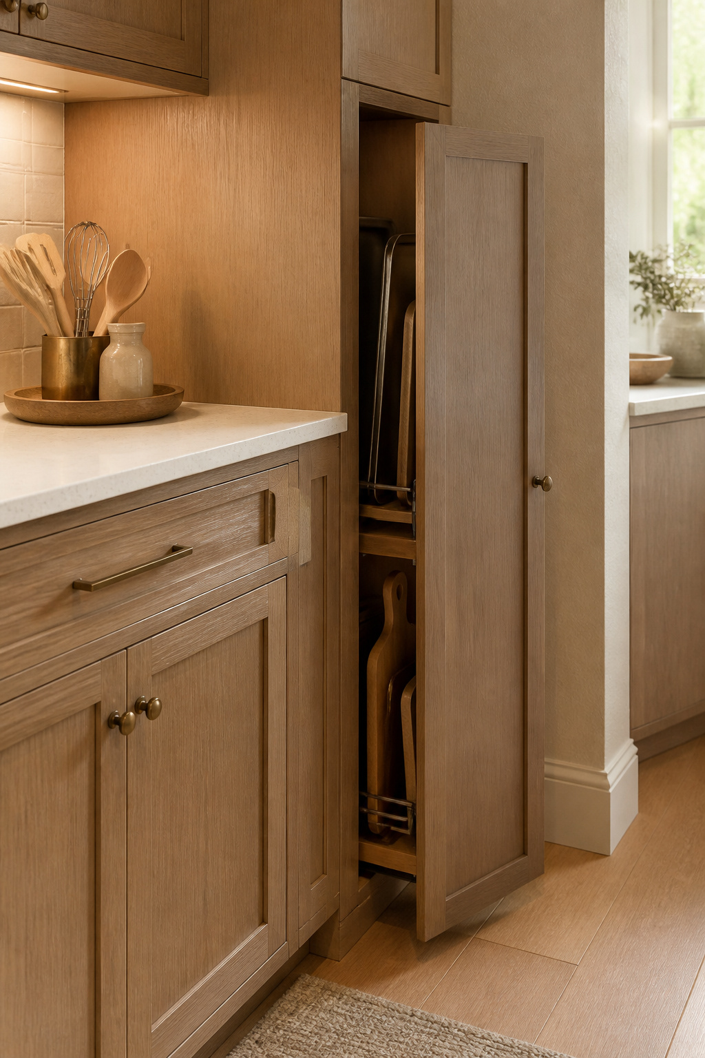 A corner cabinet with a false door hiding storage space.