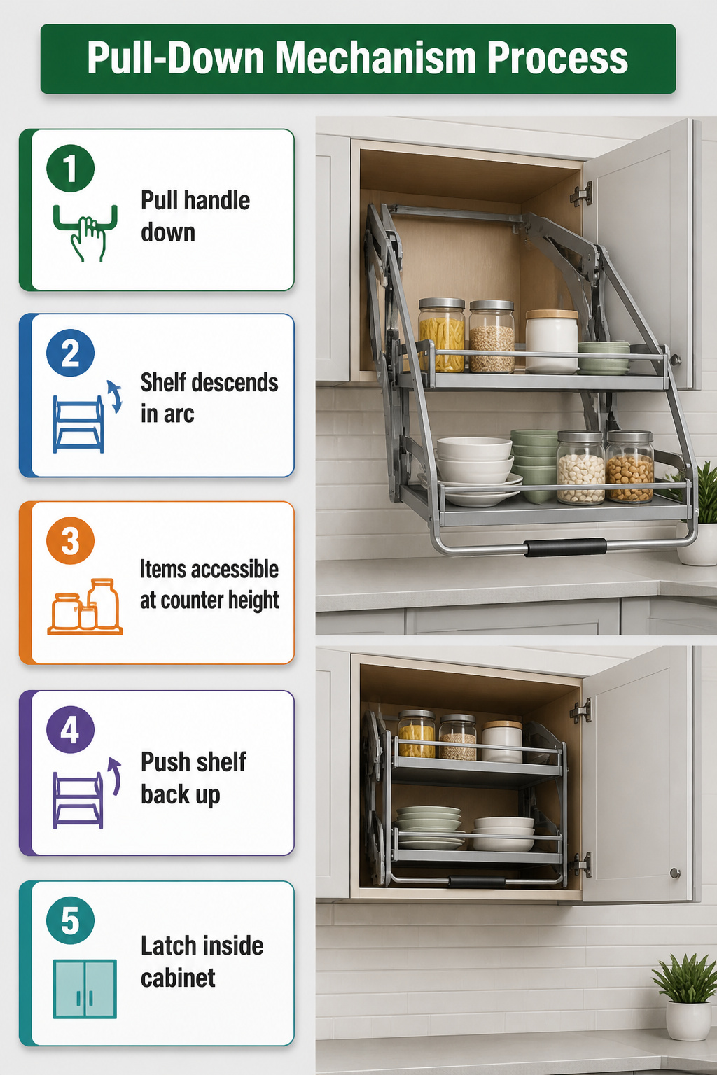 An upper corner cabinet with a pull-down shelf mechanism.