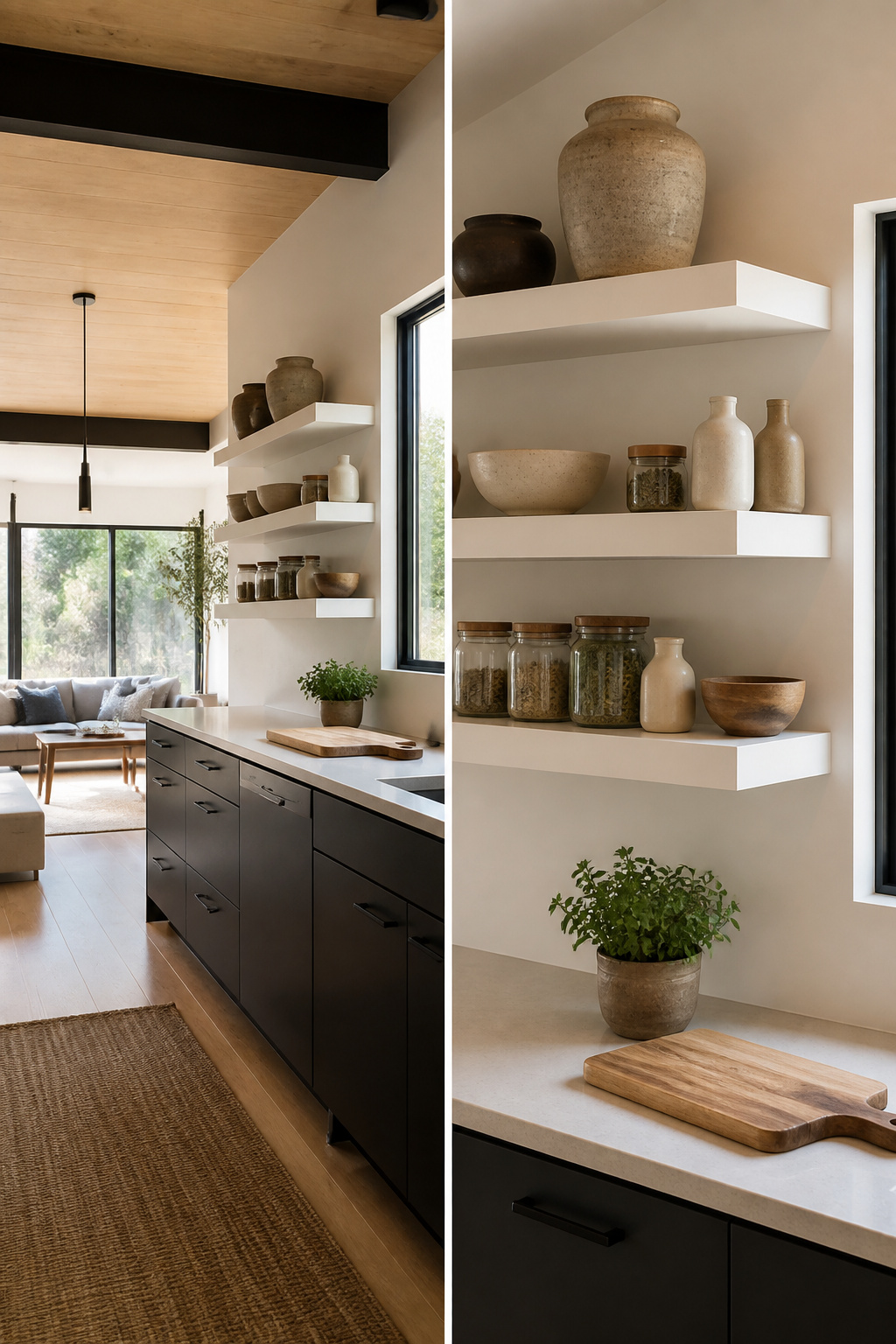 10 Kitchen Remodel Ideas for 2026: Bold Upgrades That Actually Fit 1 Open shelving in a kitchen showing plates and decorative items.