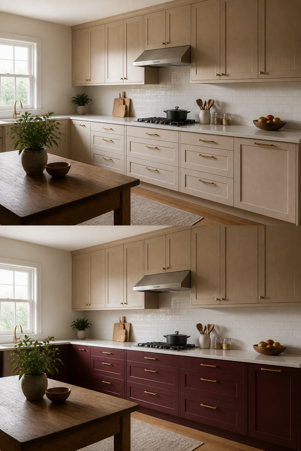 10 Kitchen Remodel Ideas for 2026: Bold Upgrades That Actually Fit 12 A kitchen featuring warm neutral colors and burgundy accents.