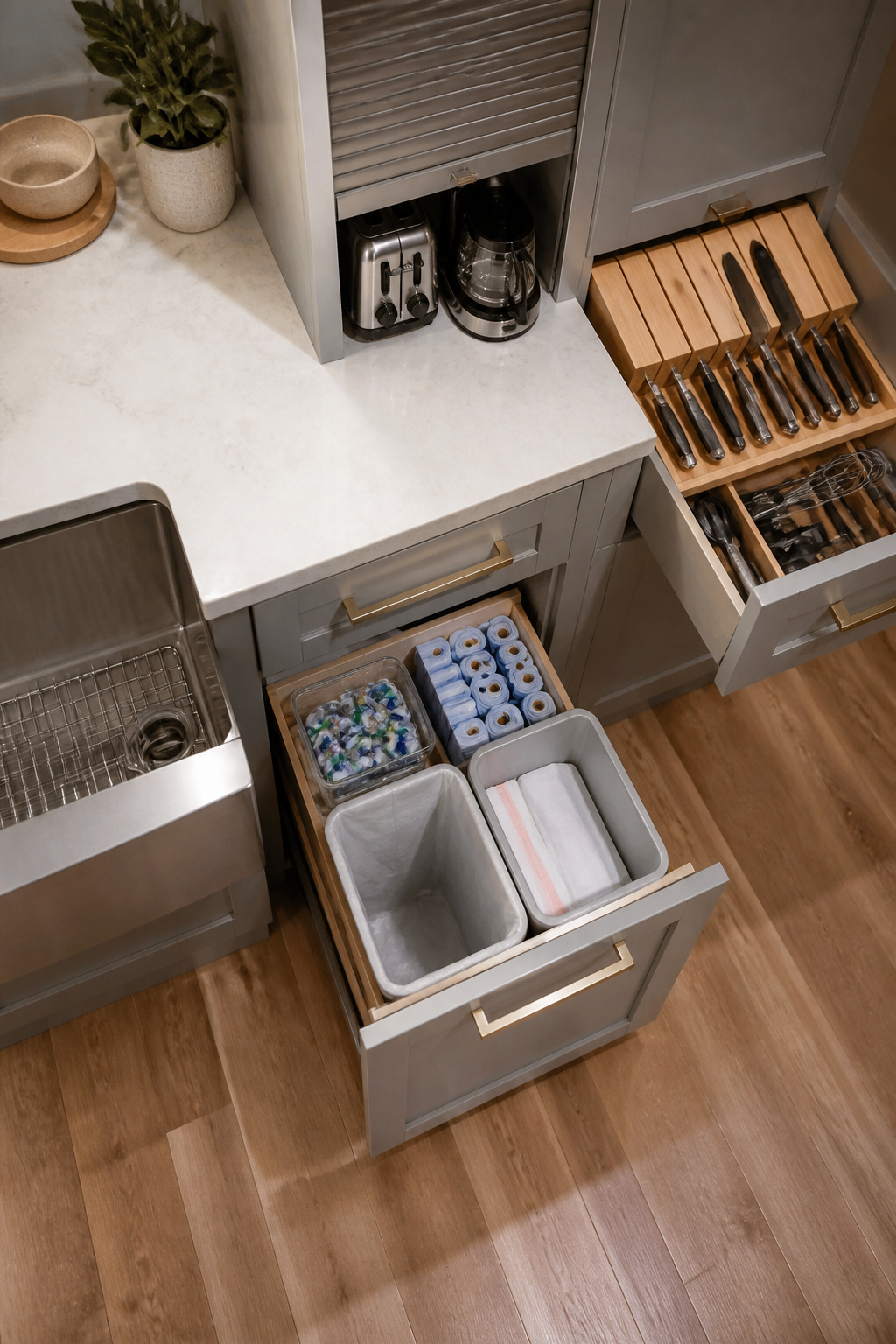 10 Kitchen Remodel Ideas for 2026: Bold Upgrades That Actually Fit 15 Pull-out bin and appliance garage in a kitchen.