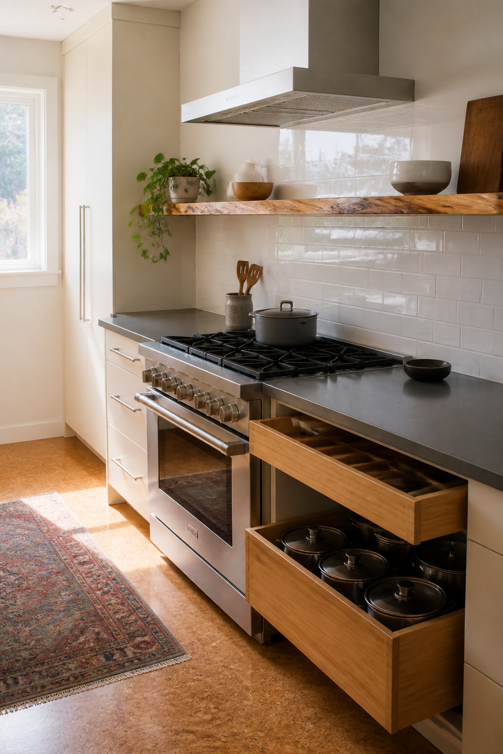 10 Kitchen Remodel Ideas for 2026: Bold Upgrades That Actually Fit 5 Live-edge maple shelf above a gas range in a kitchen.
