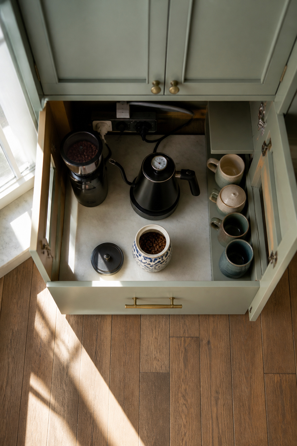 10 Kitchen Remodel Ideas for 2026: Bold Upgrades That Actually Fit 8 Coffee station set up inside a kitchen cabinet.