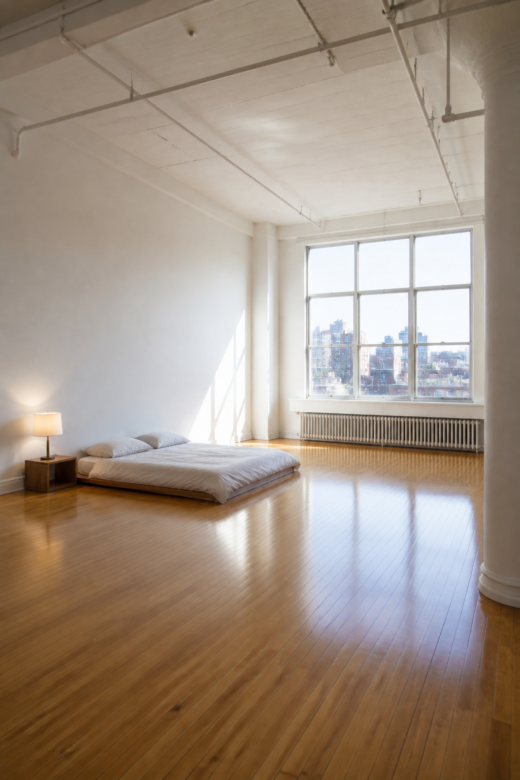 A minimalist loft bedroom with white walls and a low-profile bed.
