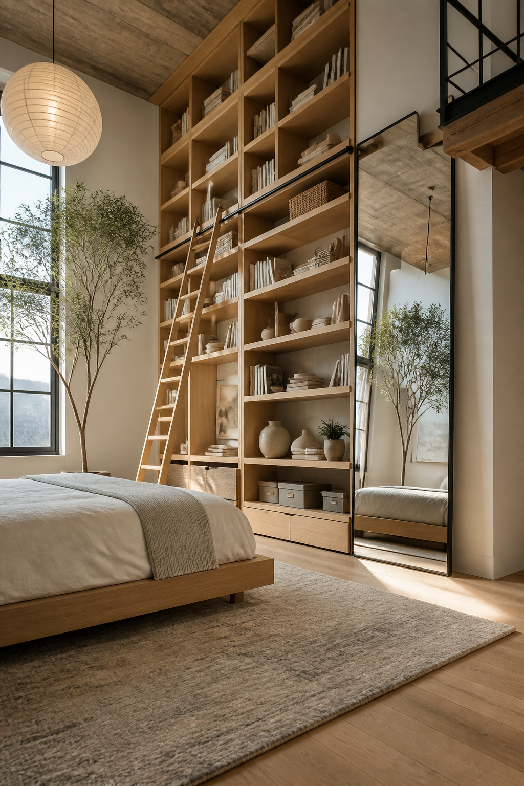 Tall shelving units against a wall in a loft bedroom.