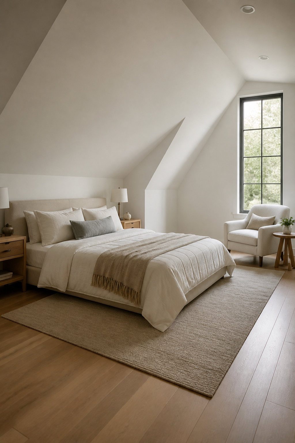 A loft bedroom with low-profile bed and small nightstands.