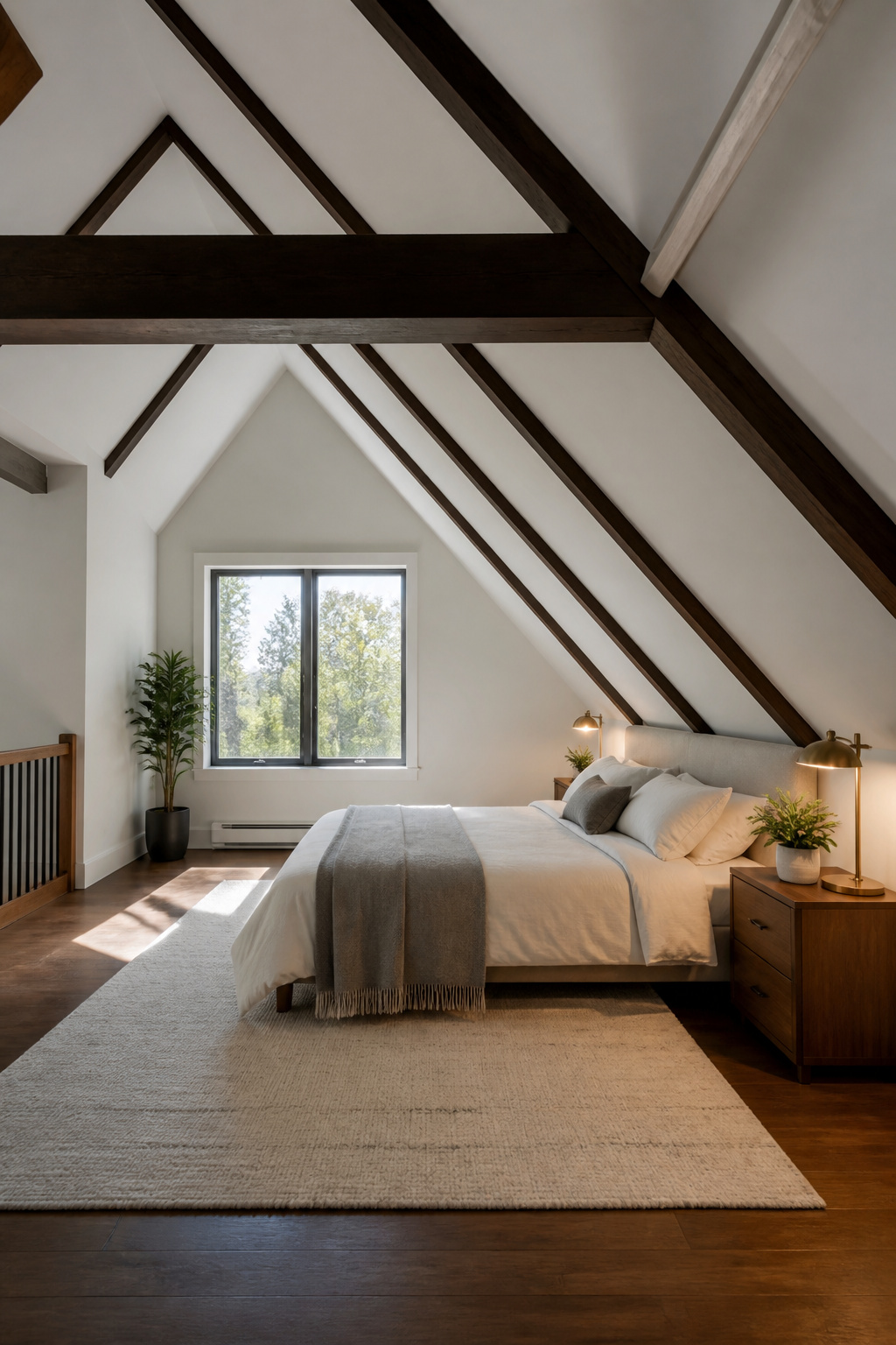 A loft bedroom featuring exposed beams and a sloped ceiling.