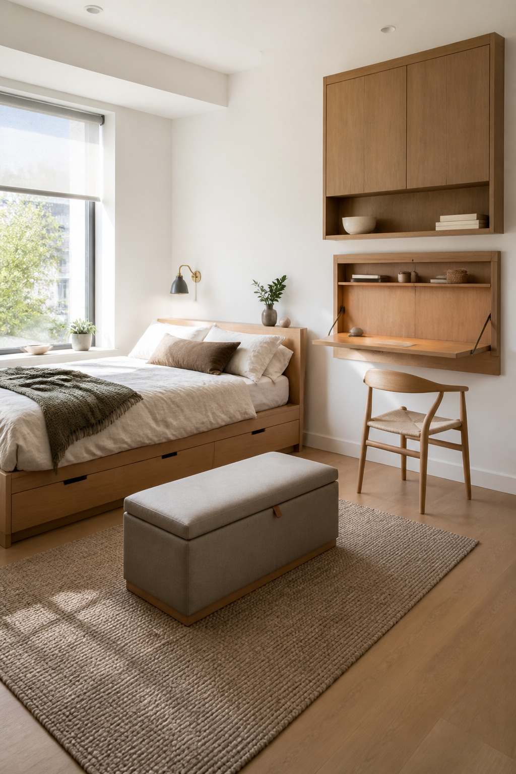 A loft bedroom featuring a bed with drawers and a wall-mounted desk.
