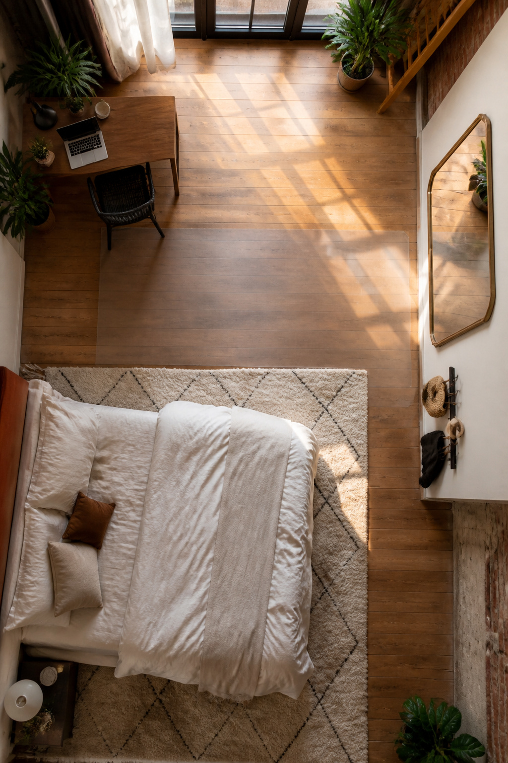A loft bedroom with a rug marking the sleeping area.