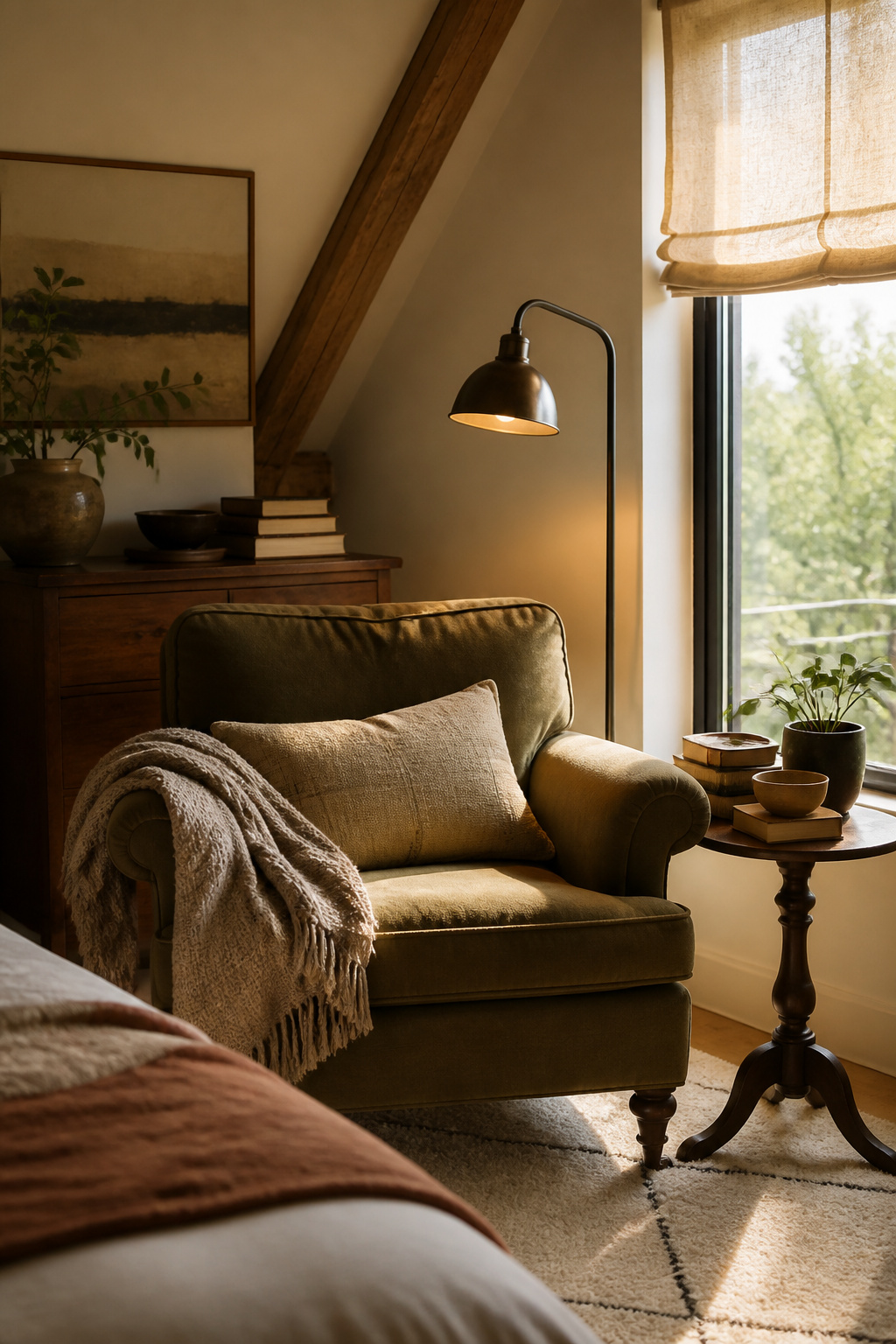 A reading nook in a loft bedroom with a comfortable chair.