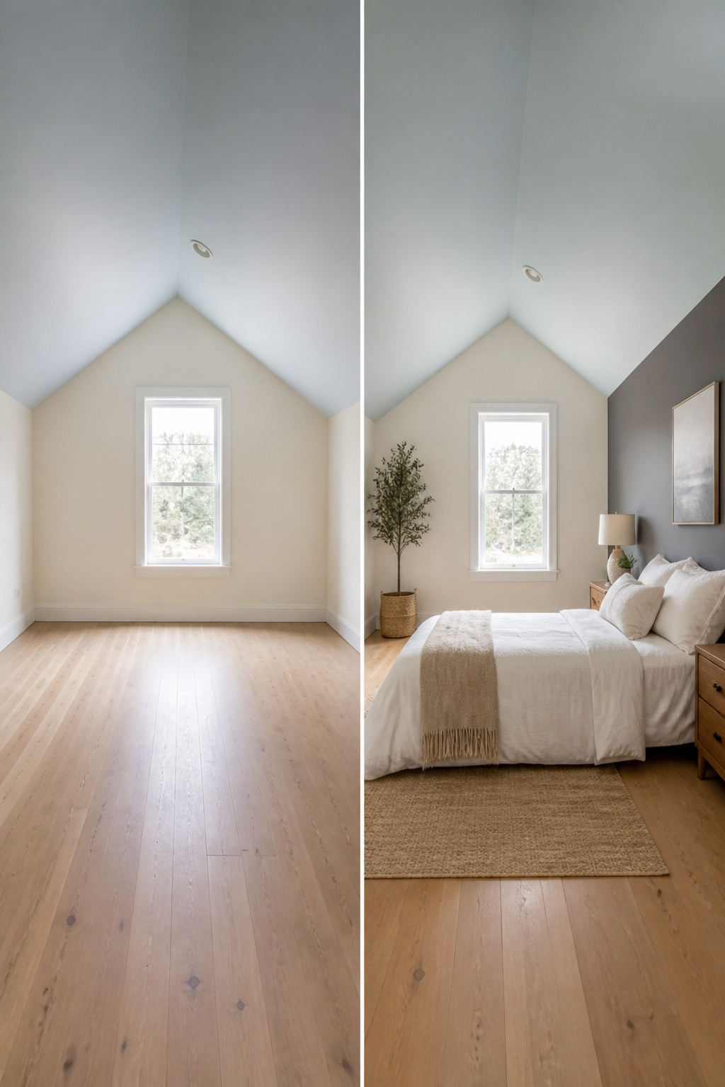 A loft bedroom decorated in soft whites and pastels.