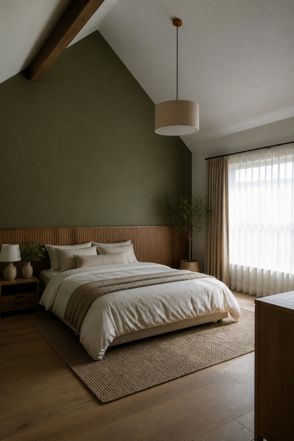 A loft bedroom with a deep green statement wall.