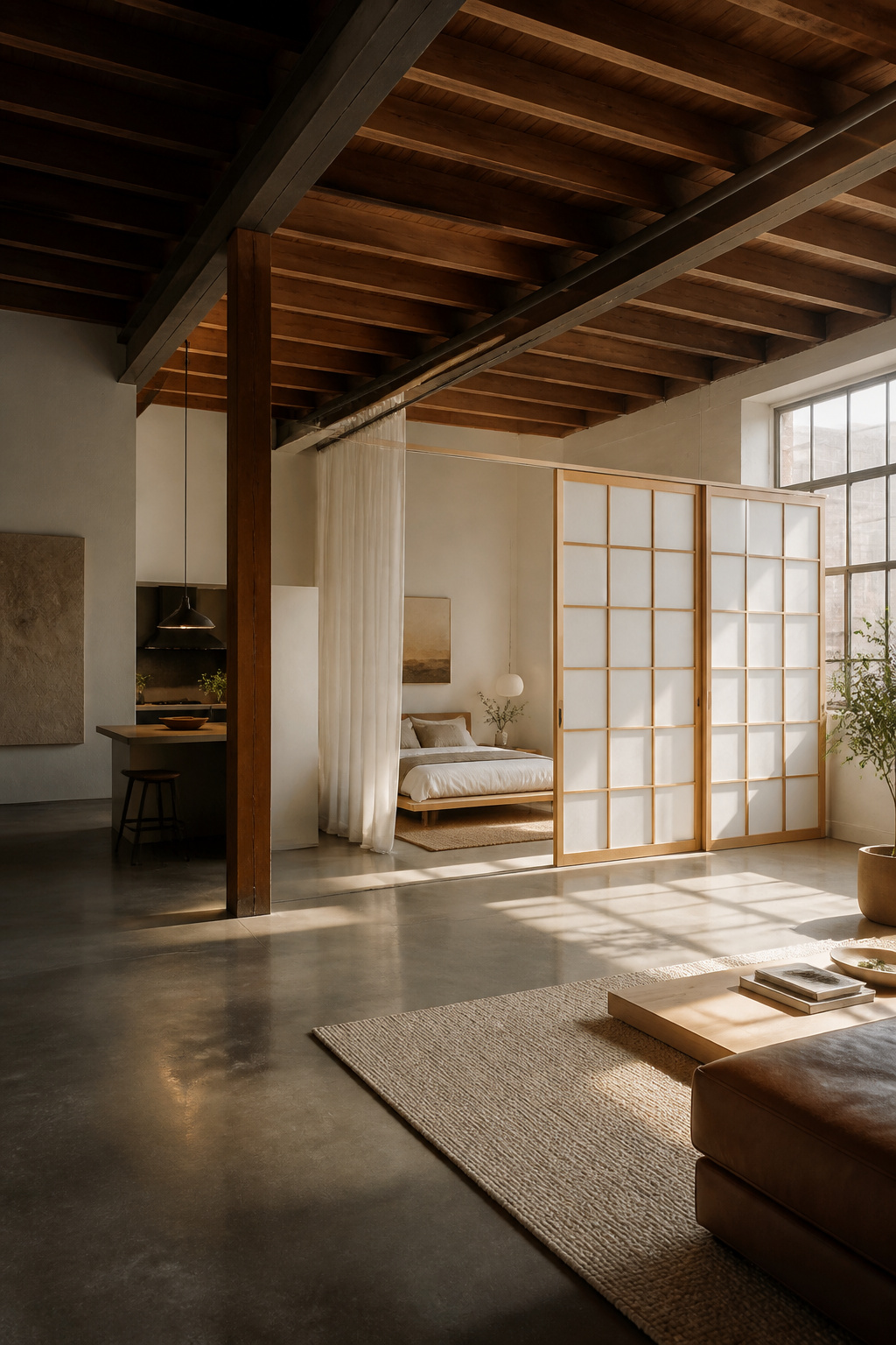 Japanese-style shoji screens in a loft bedroom for privacy.