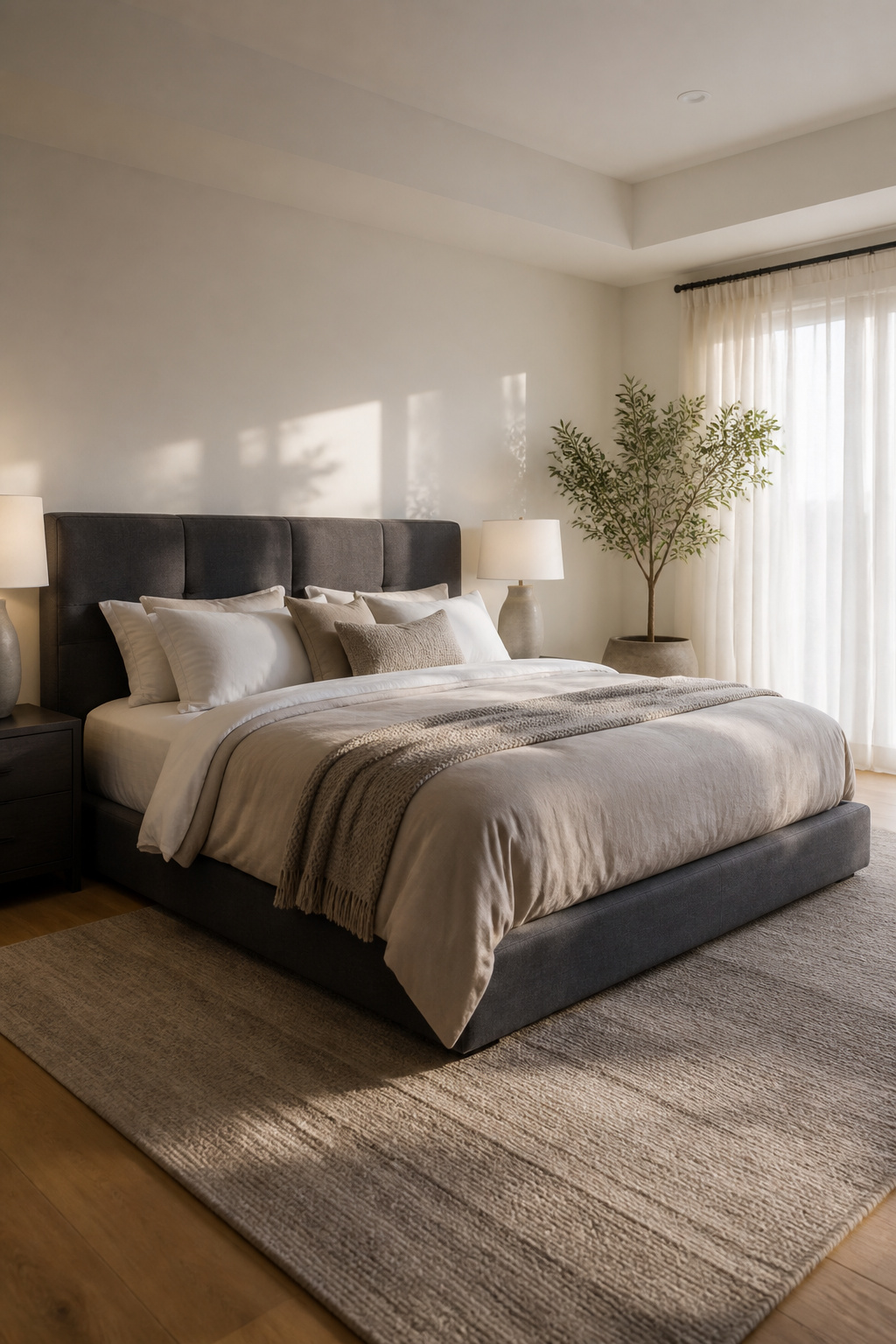 15 Master Bedroom Ideas for 2026: Comfort, Style and Calm 1 A low-profile upholstered platform bed with a padded headboard.