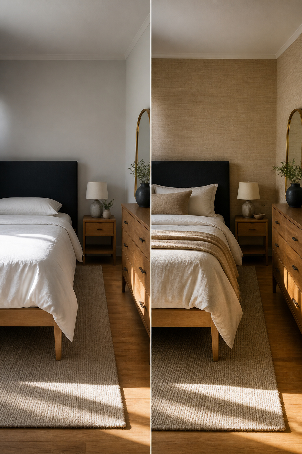 15 Master Bedroom Ideas for 2026: Comfort, Style and Calm 11 A dark headboard against a pale wall in a master bedroom.