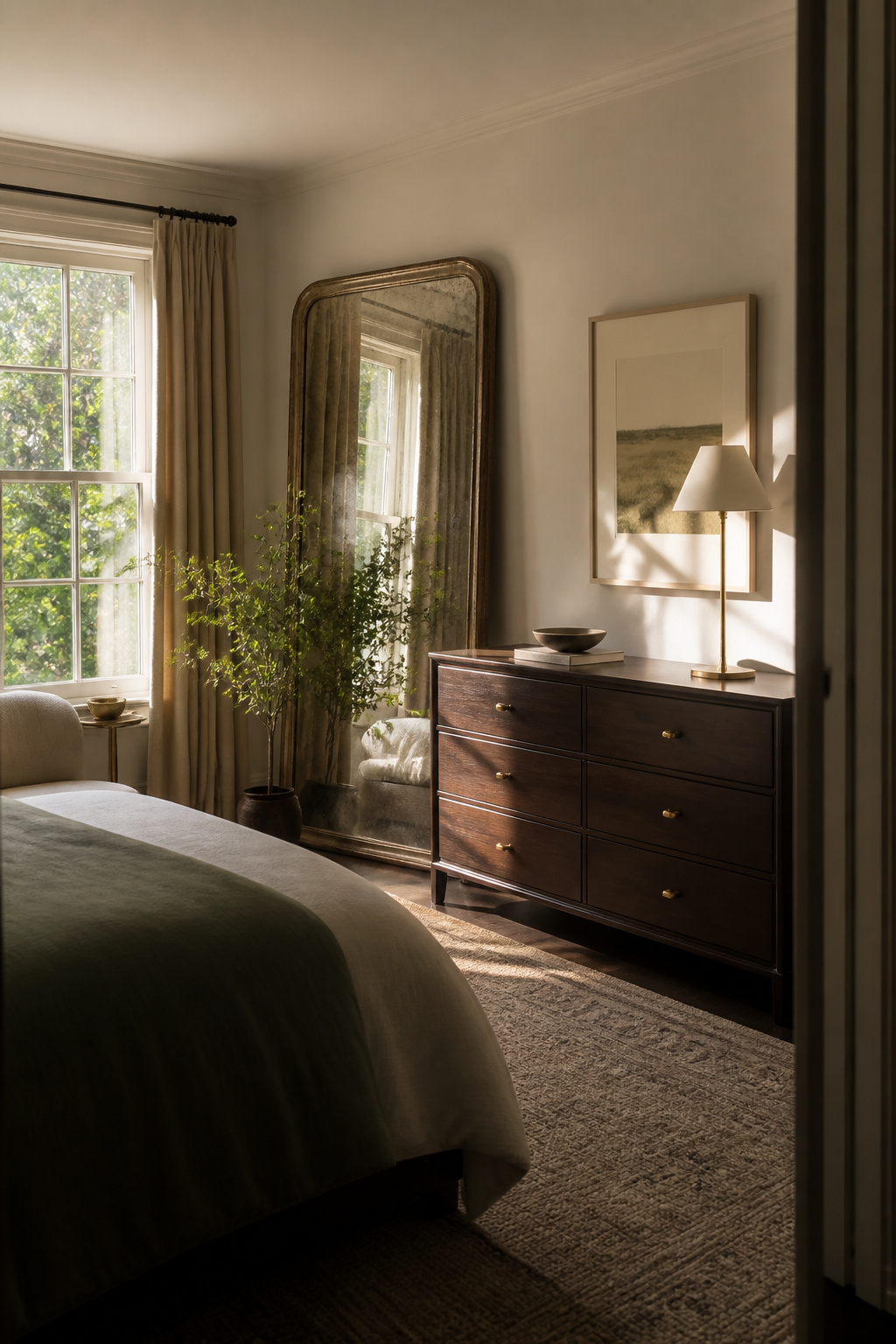 15 Master Bedroom Ideas for 2026: Comfort, Style and Calm 12 A vintage mirror and contemporary dresser in a master bedroom.