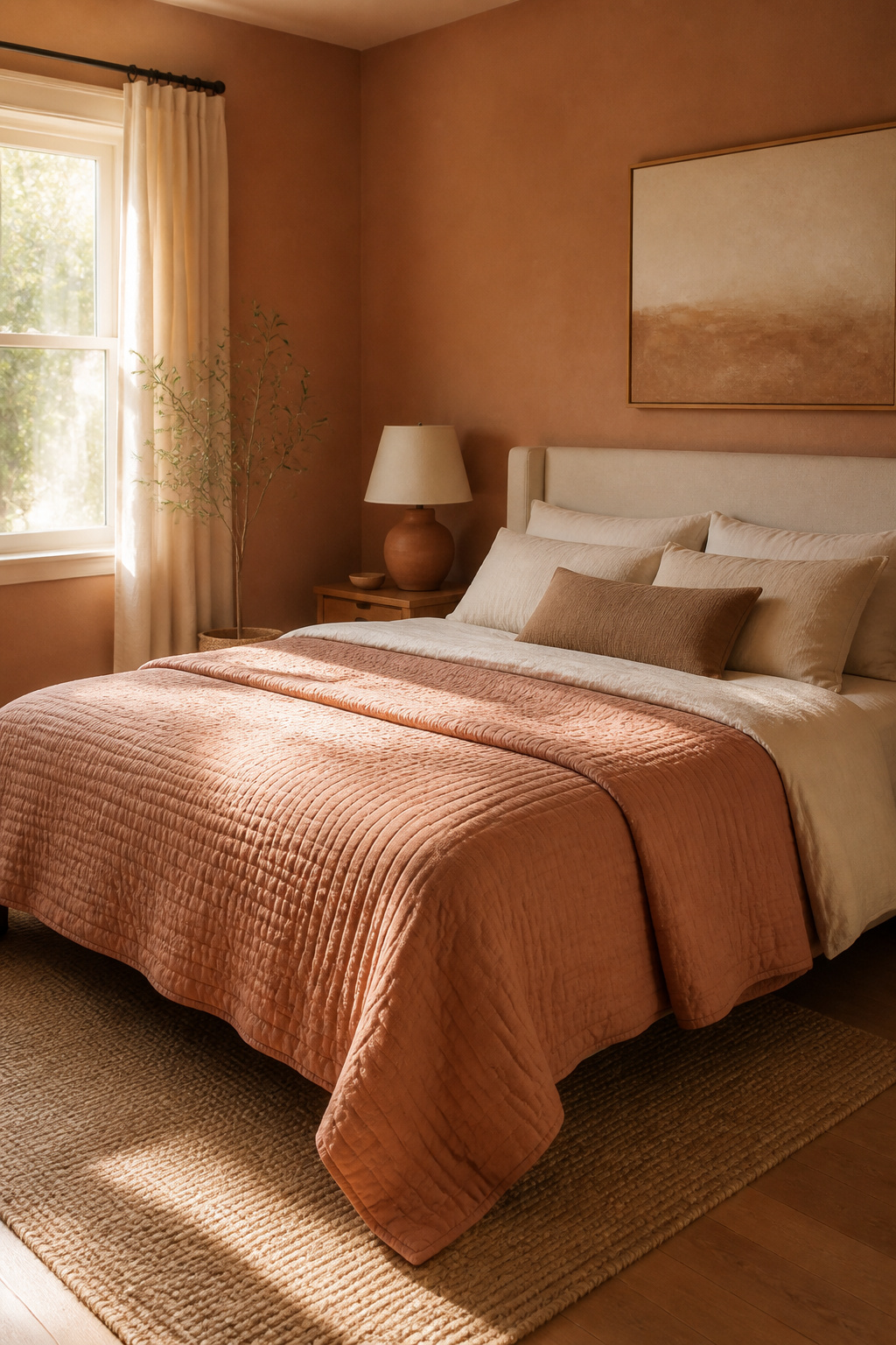 15 Master Bedroom Ideas for 2026: Comfort, Style and Calm 14 Soft clay-colored walls, quilt, and lamp in a master bedroom.