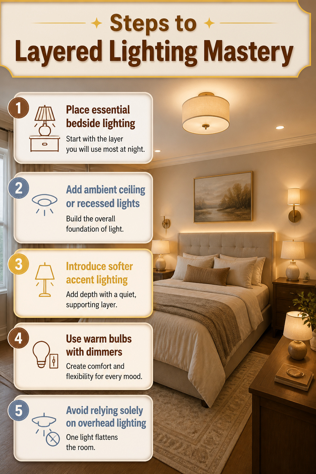 15 Master Bedroom Ideas for 2026: Comfort, Style and Calm 16 Table lamps and ambient light fixtures in a master bedroom.