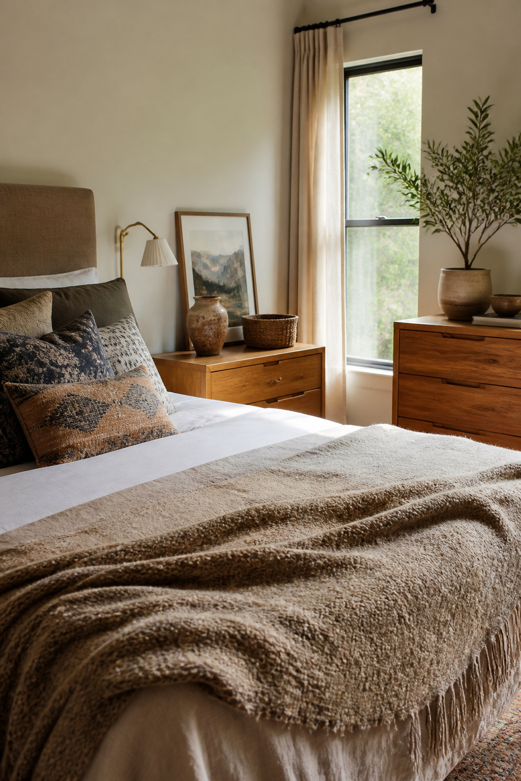 15 Master Bedroom Ideas for 2026: Comfort, Style and Calm 18 A wool throw and patterned pillows on a bed.