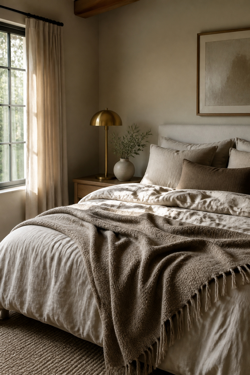 15 Master Bedroom Ideas for 2026: Comfort, Style and Calm 2 A bed with rumpled linen bedding and a brushed brass lamp.