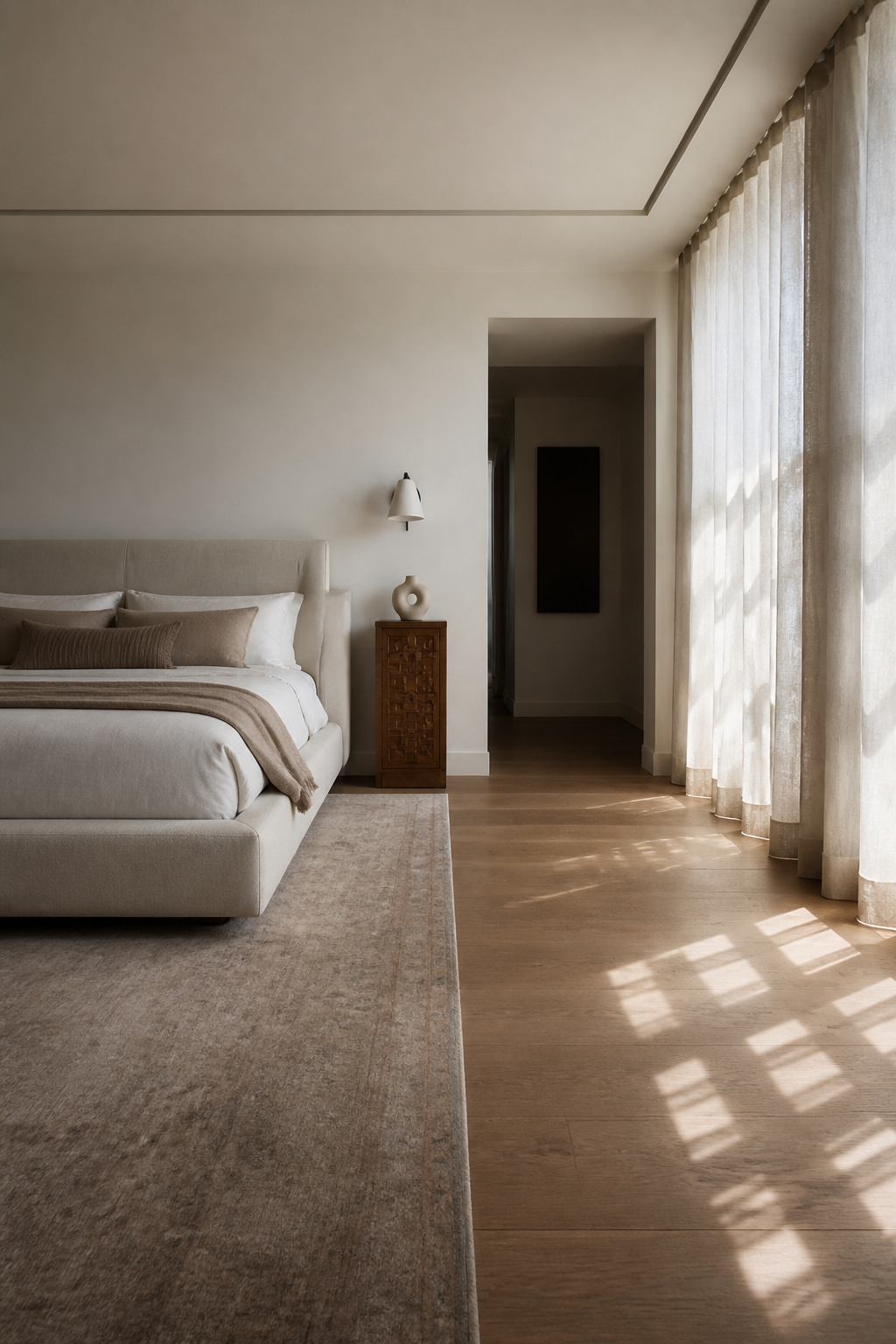 15 Master Bedroom Ideas for 2026: Comfort, Style and Calm 3 A unique sculptural bedside table beside a bed.