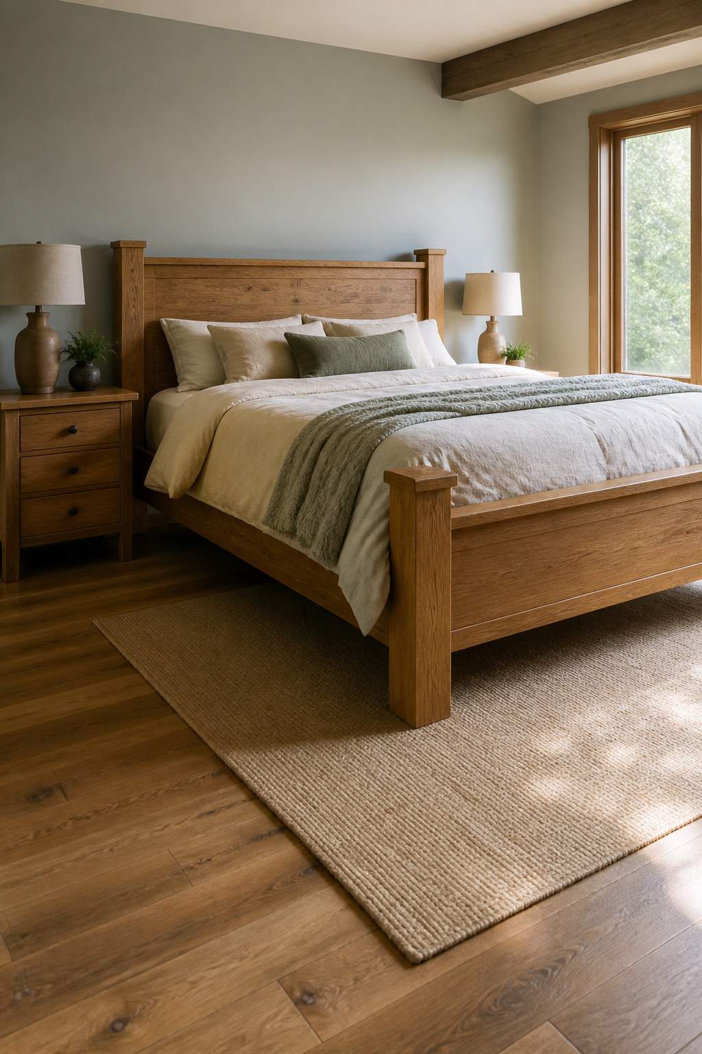 15 Master Bedroom Ideas for 2026: Comfort, Style and Calm 4 A natural oak bed frame and rustic nightstand in a light room.