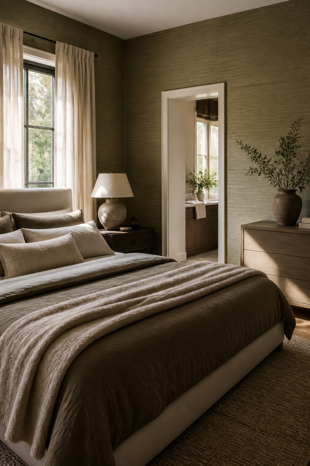 15 Master Bedroom Ideas for 2026: Comfort, Style and Calm 6 A master bedroom with layered linen bedding and a textured wall.
