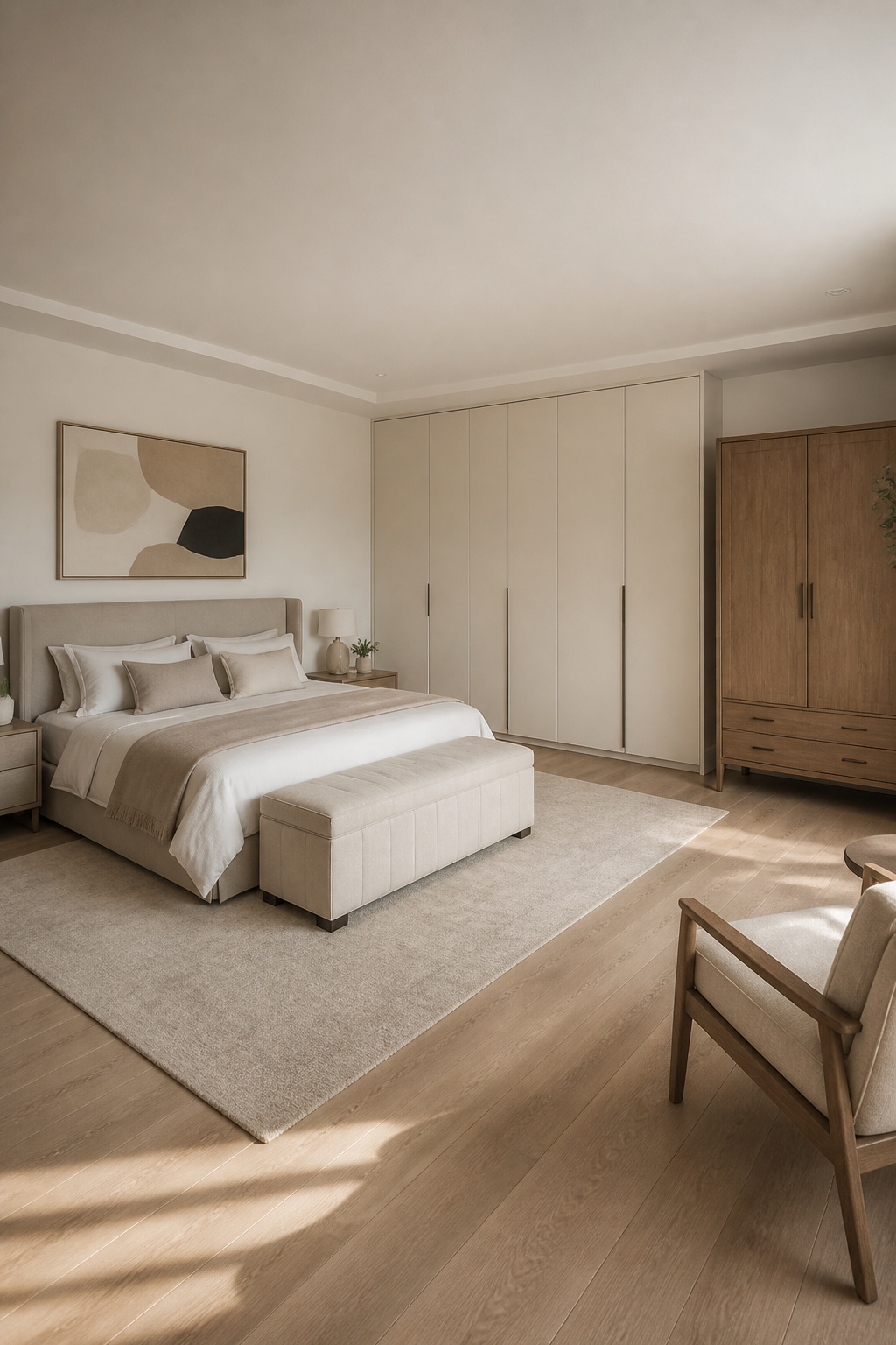 15 Master Bedroom Ideas for 2026: Comfort, Style and Calm 7 Built-in wardrobes and storage ottomans in a master bedroom.