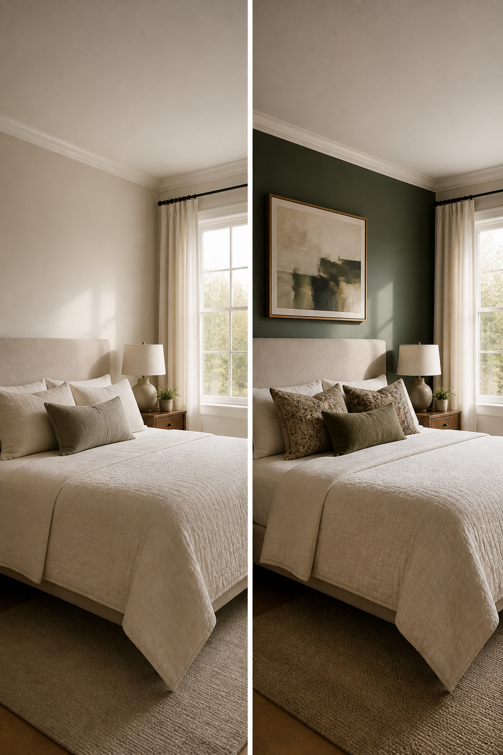 15 Master Bedroom Ideas for 2026: Comfort, Style and Calm 9 A bedroom with a painted accent wall and neutral decor.