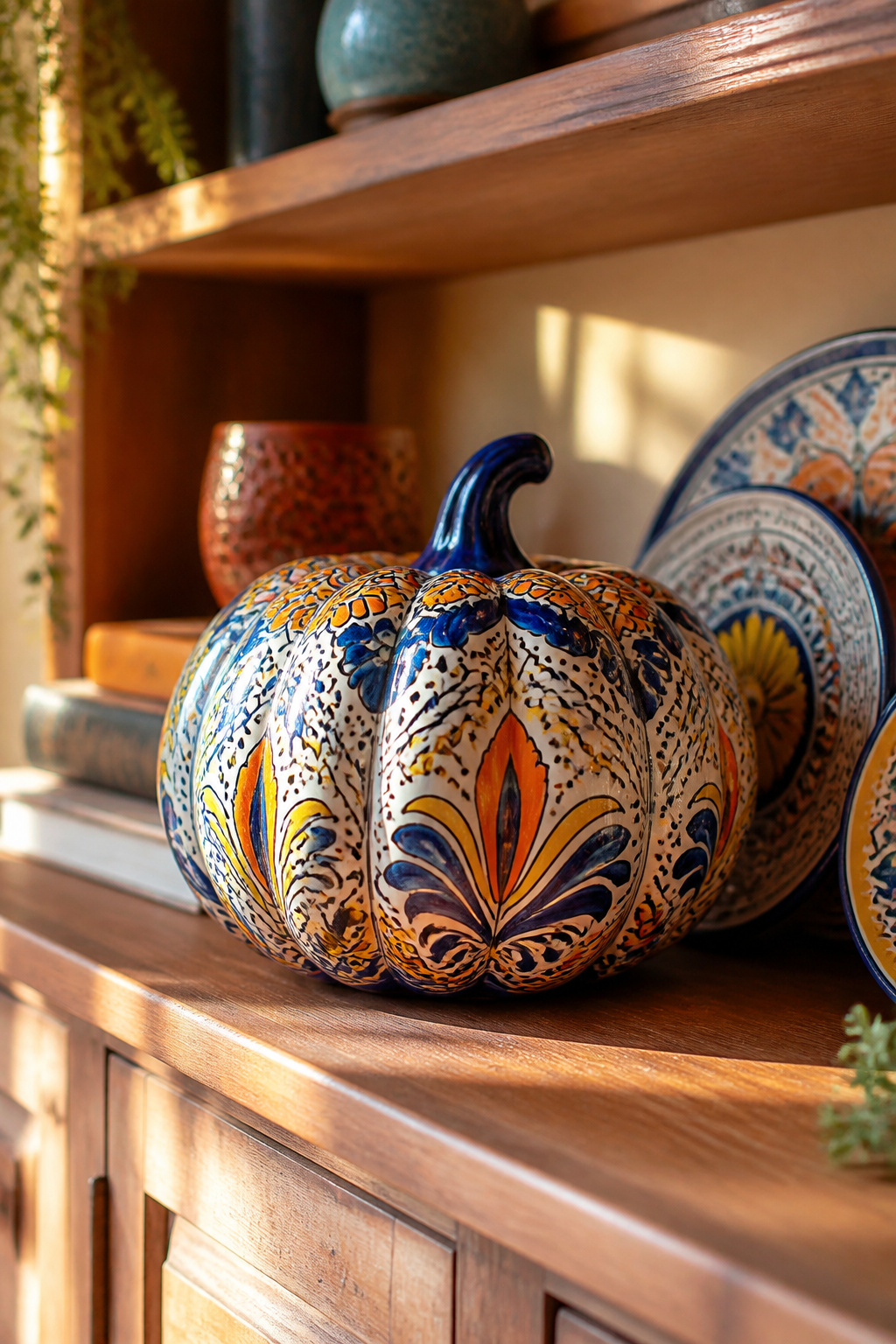 A Talavera pumpkin with cobalt, yellow, and burnt orange patterns.