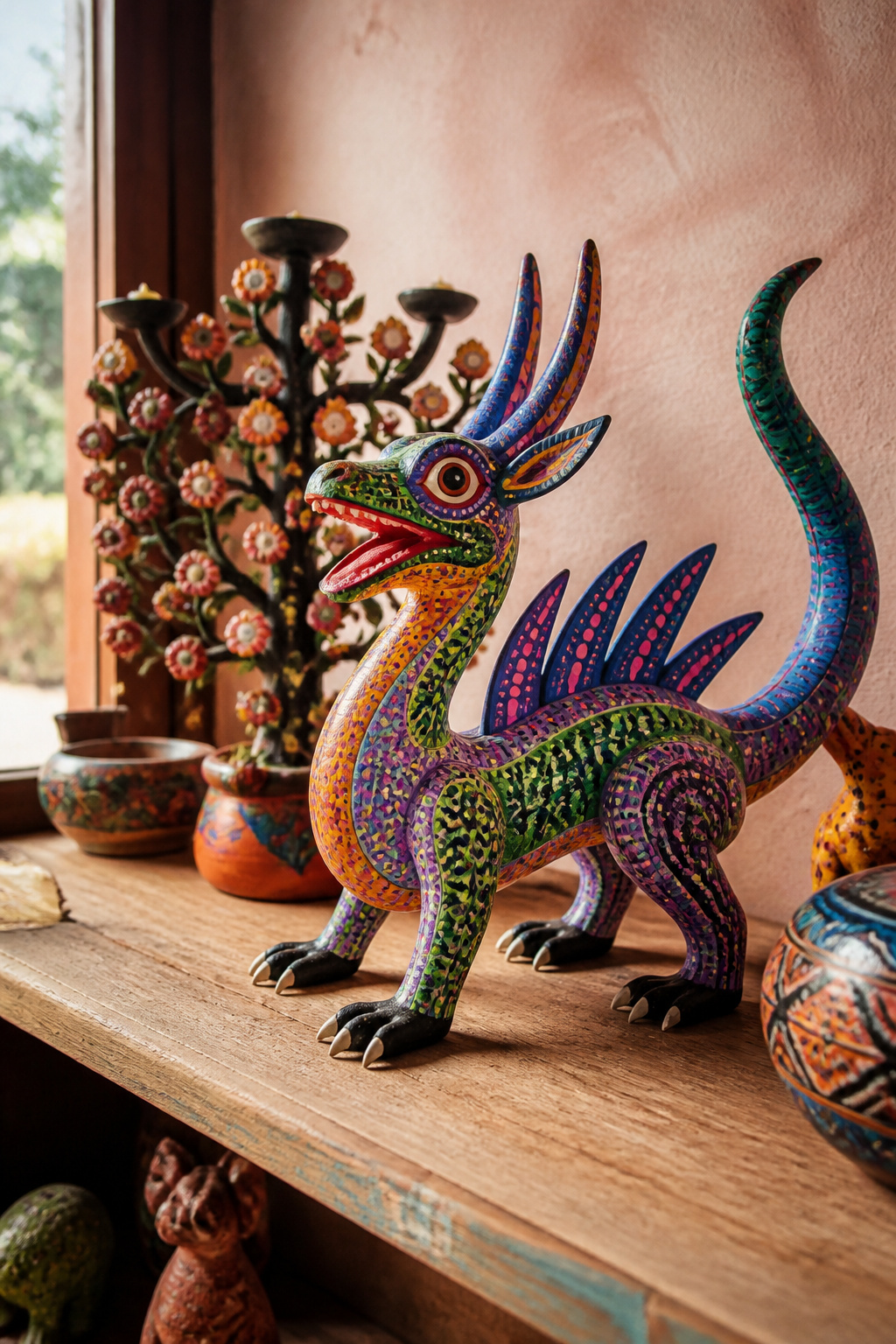 A selection of Mexican folk art pieces including alebrijes and candelabras.