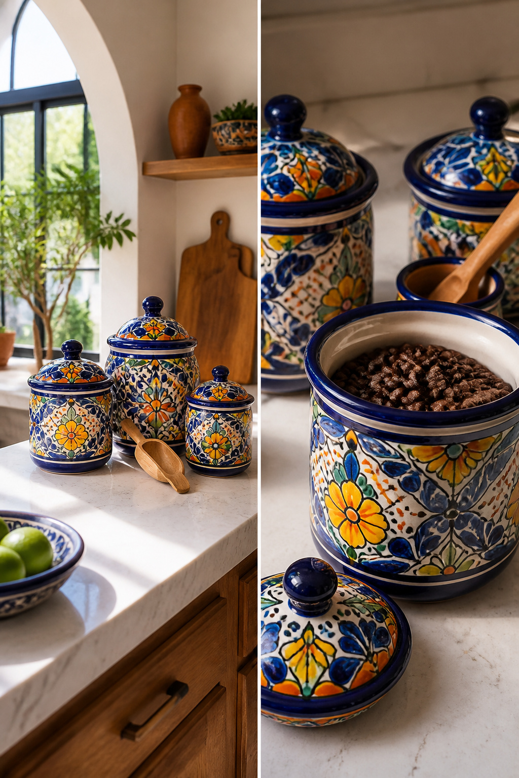 A set of Talavera canisters in various sizes with colorful designs.