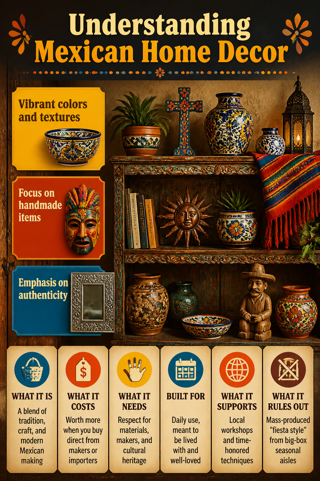 An assortment of Mexican home decor items displaying various colors and styles.