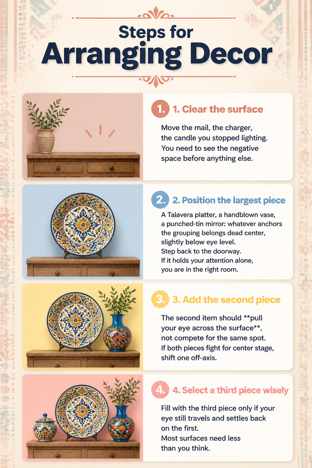 A visual guide outlining steps for arranging decorative items.