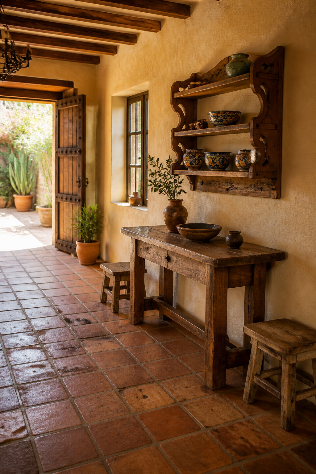 A rustic pine bench with a hand-planed surface texture.