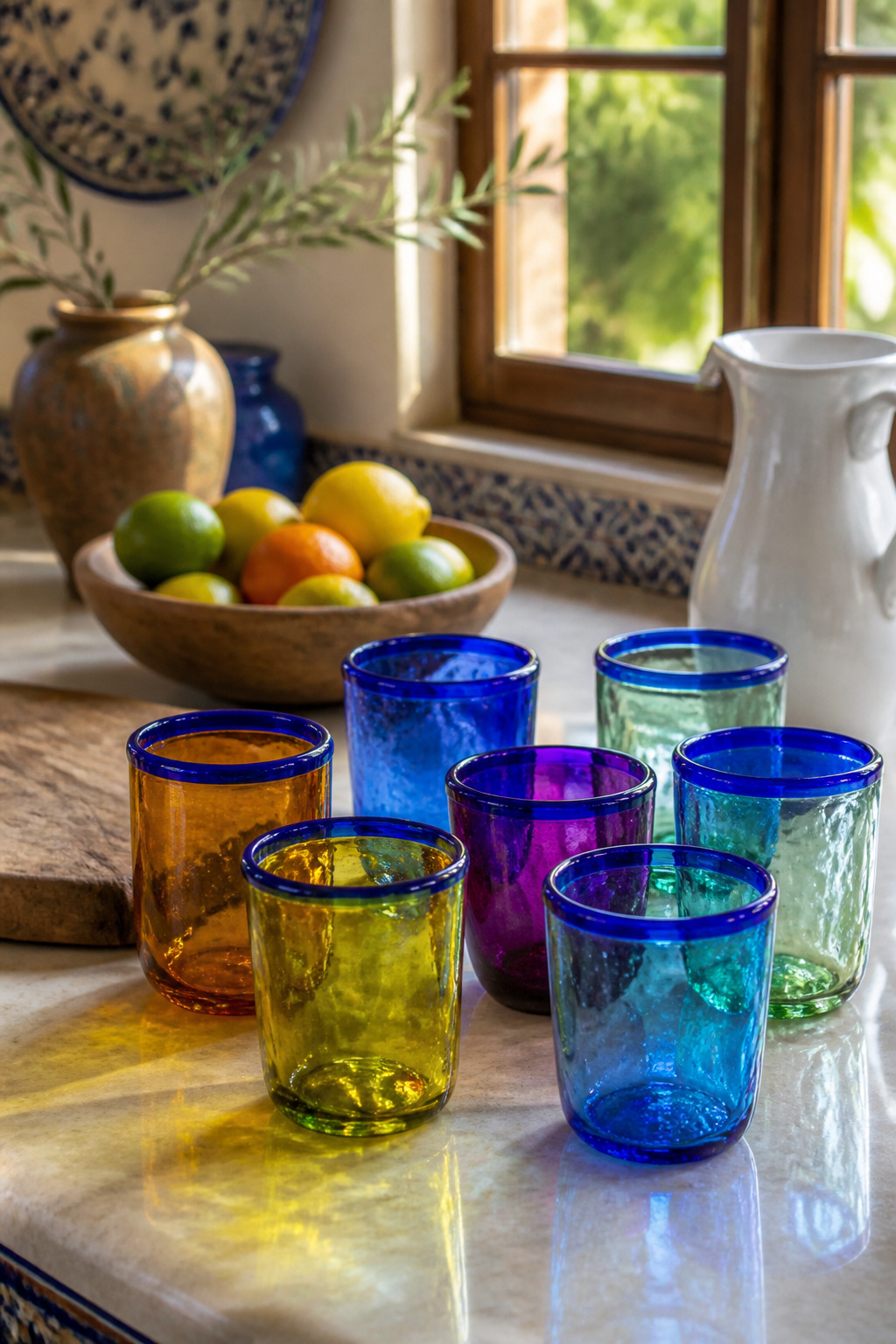 A collection of handblown glass tumblers with bright cobalt rims.