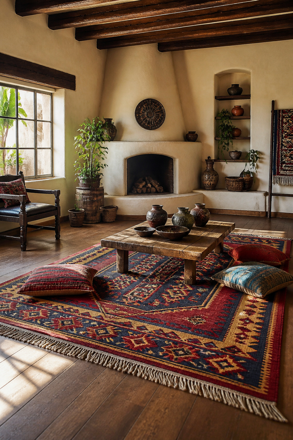 A hand-woven wool rug showcasing intricate patterns and colors.