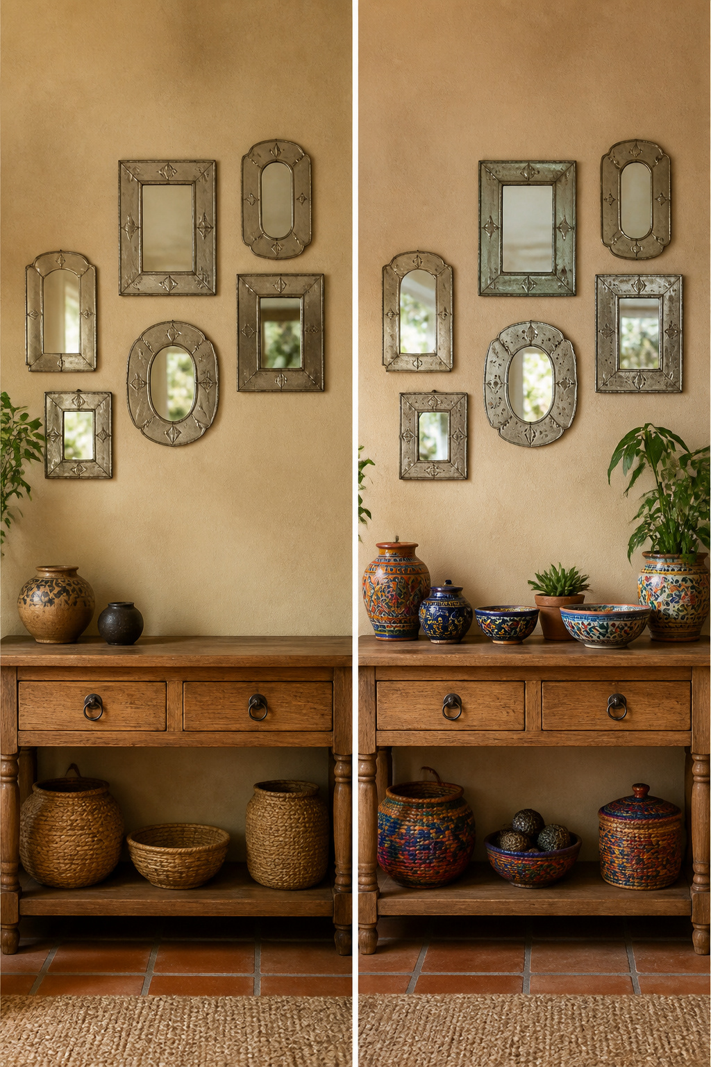 A tin-framed mirror displaying a decorative pattern.