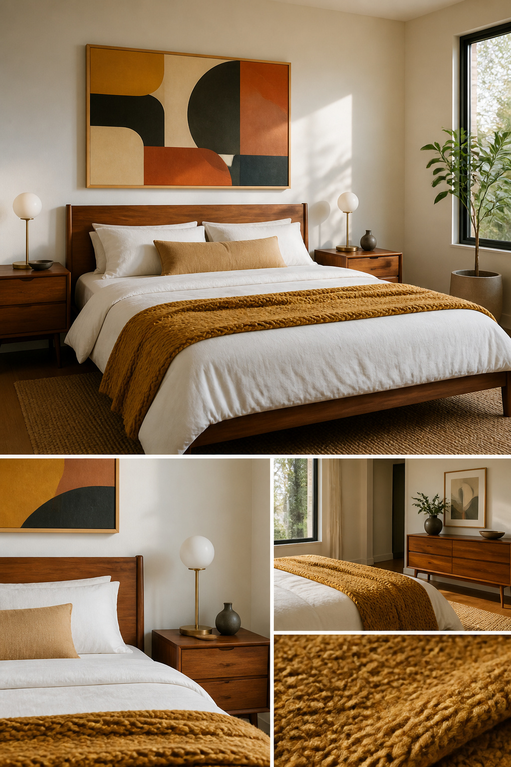 Wall art including abstract prints in a mid-century modern bedroom.