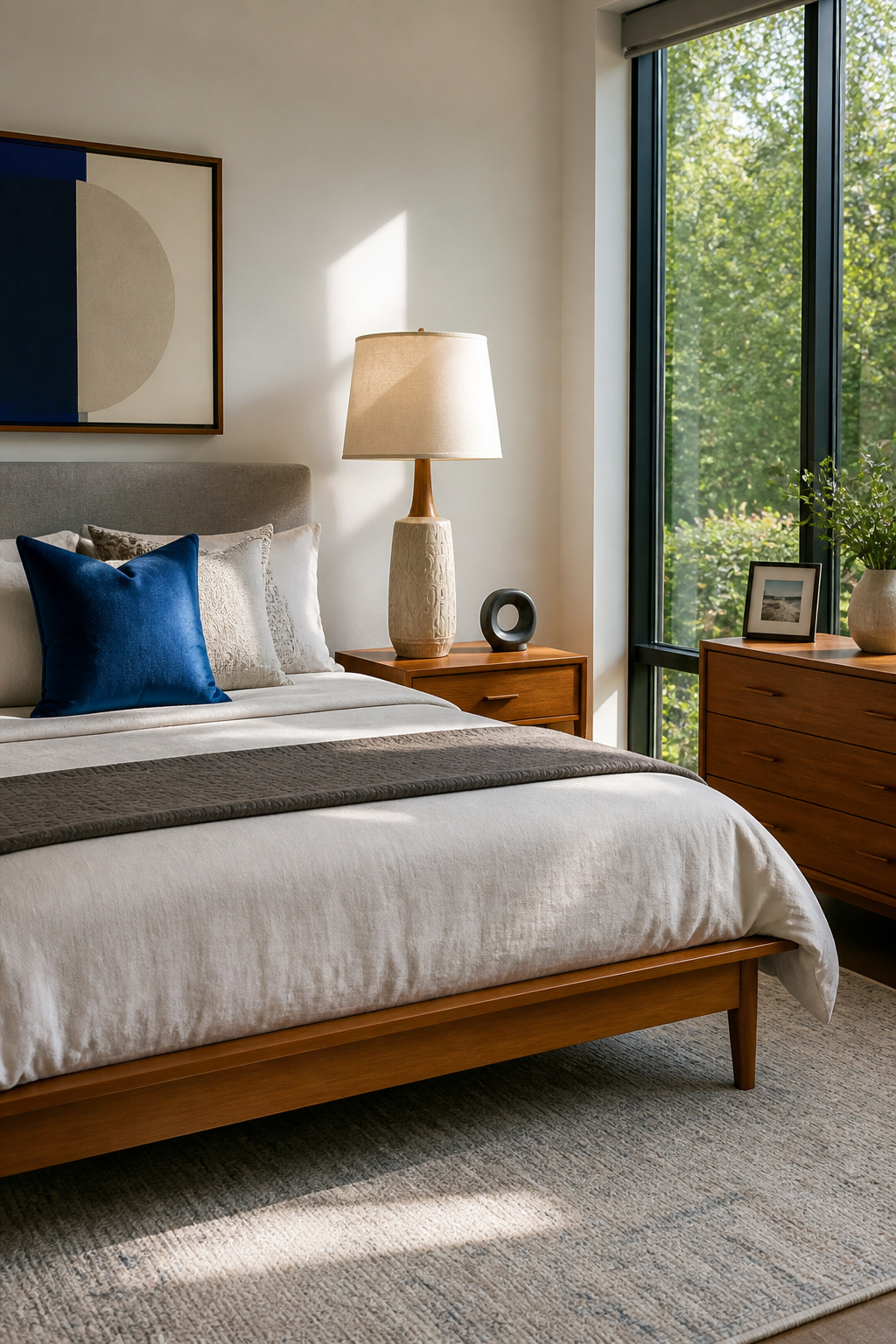 Personalized decor items in a mid-century modern bedroom.