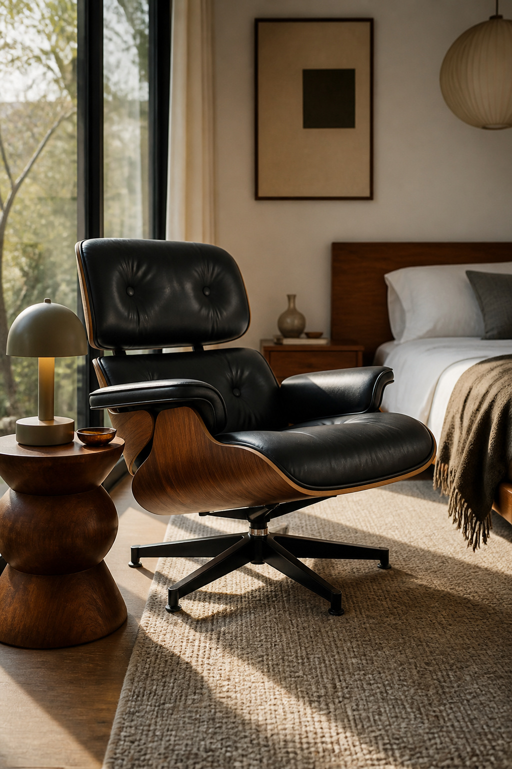 Eames lounge chair and ottoman in a mid-century modern bedroom.