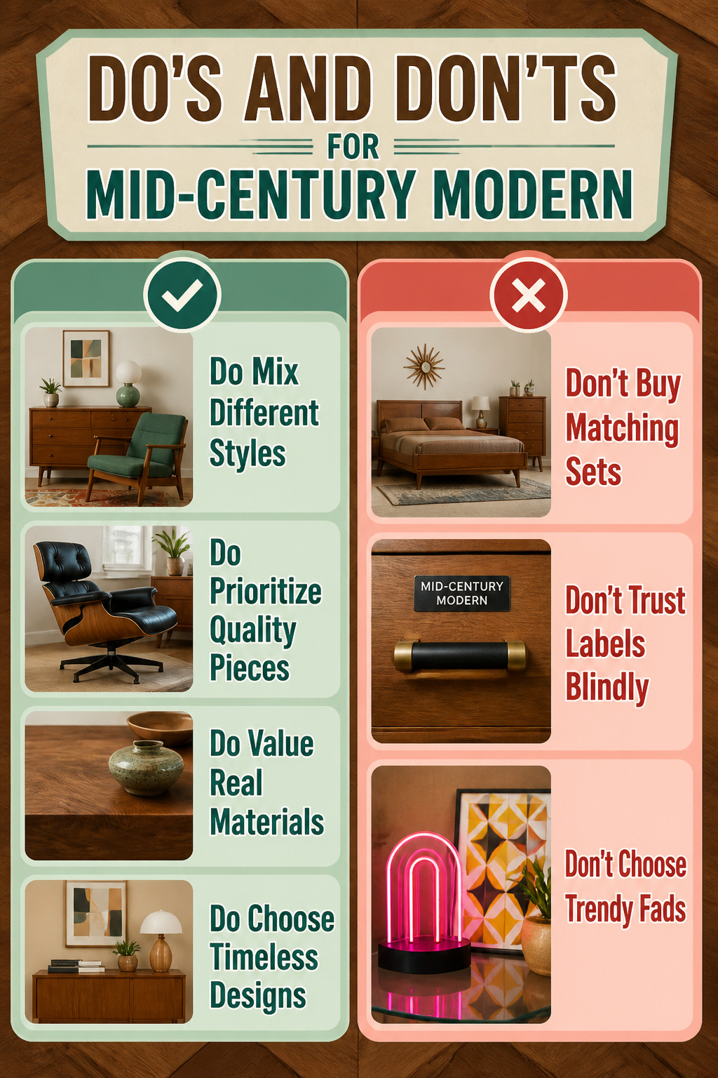 Information image about what not to buy for mid-century modern decor.