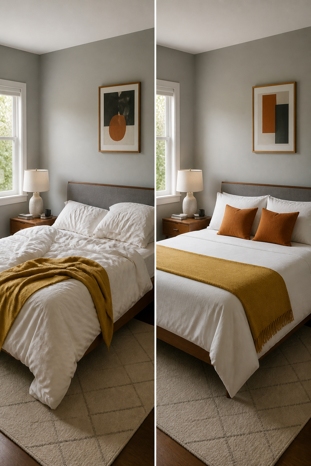 Neutral bedroom with accent pillows in mustard yellow and orange.