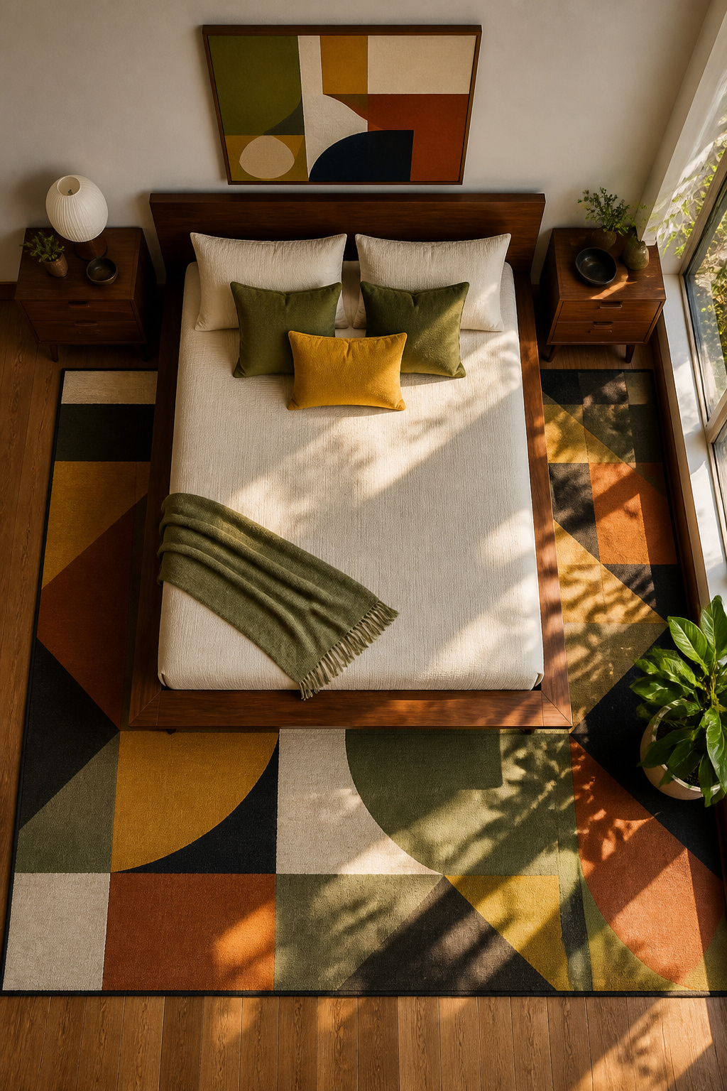 Geometric patterned textiles in a mid-century modern bedroom.