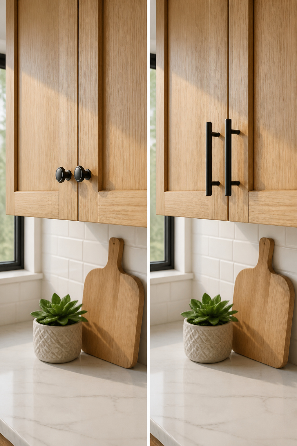 Close-up of matte black hardware on light oak kitchen cabinets.
