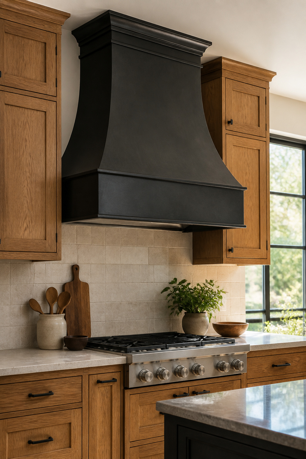 A striking metal range hood above oak kitchen cabinets.