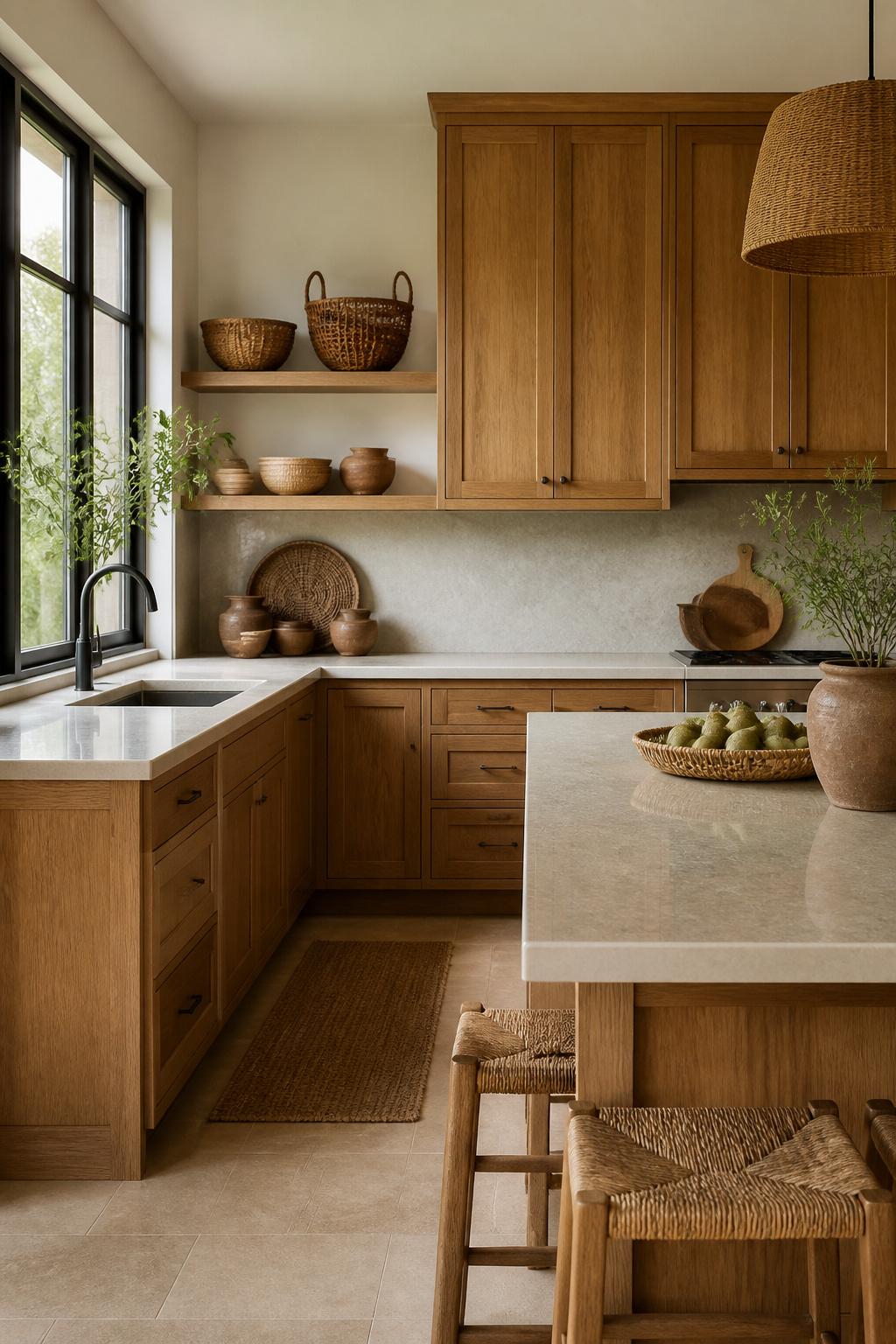 A kitchen featuring oak cabinets and earthy decorative accents.