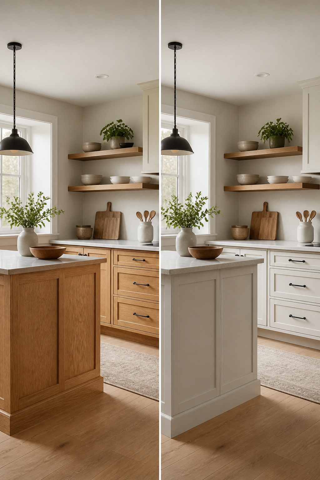 A kitchen with walls painted in a cool tone next to oak cabinets.