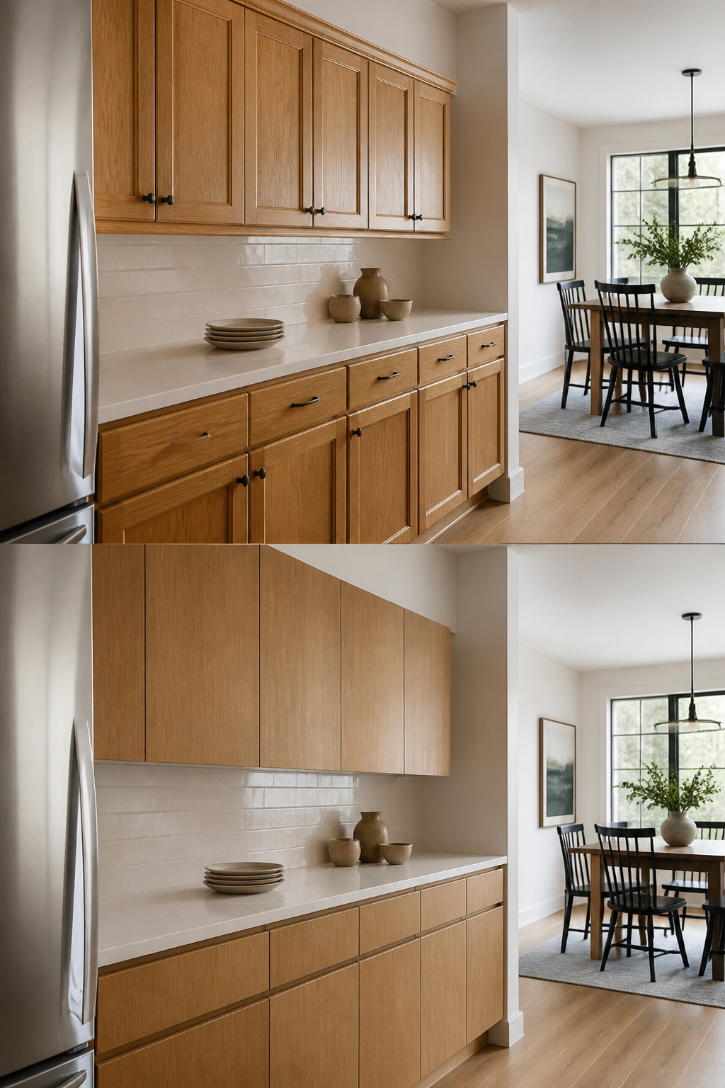 A kitchen featuring new slim Shaker doors on oak cabinets.